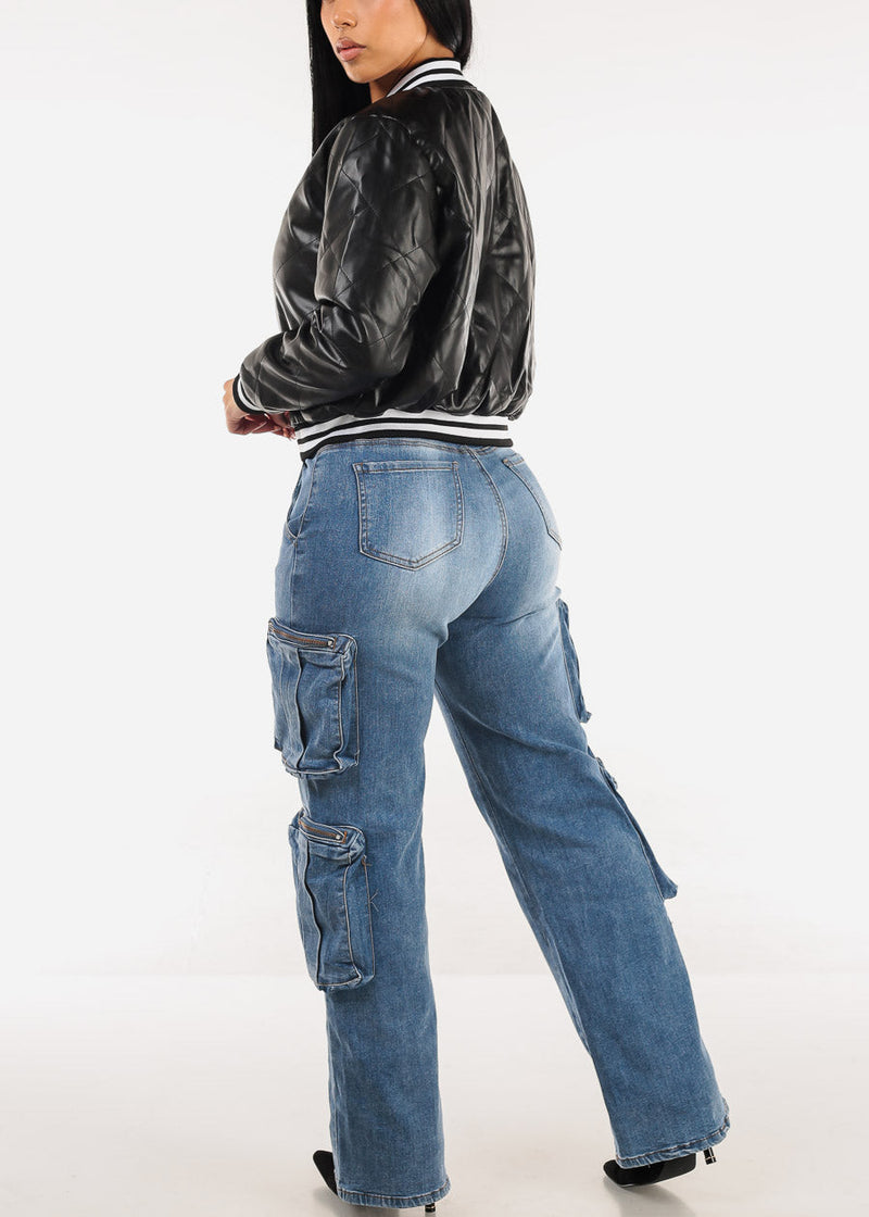 Super High Waist Straight Wide Leg Cargo Jeans Med Blue