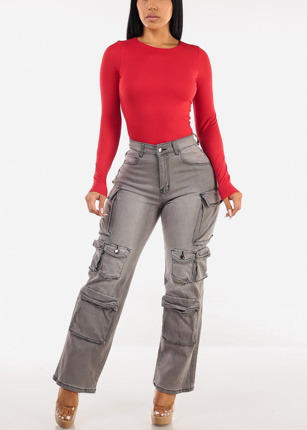 Super High Waist Straight Wide Leg Stretch Cargo Jeans Grey