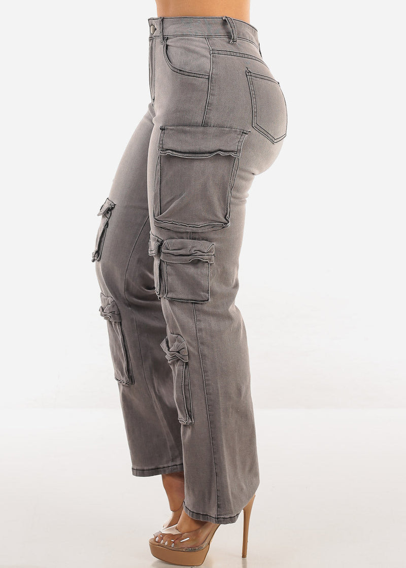Super High Waist Straight Wide Leg Stretch Cargo Jeans Grey