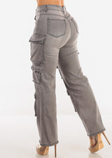 Super High Waist Straight Wide Leg Stretch Cargo Jeans Grey