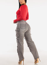 Super High Waist Straight Wide Leg Stretch Cargo Jeans Grey