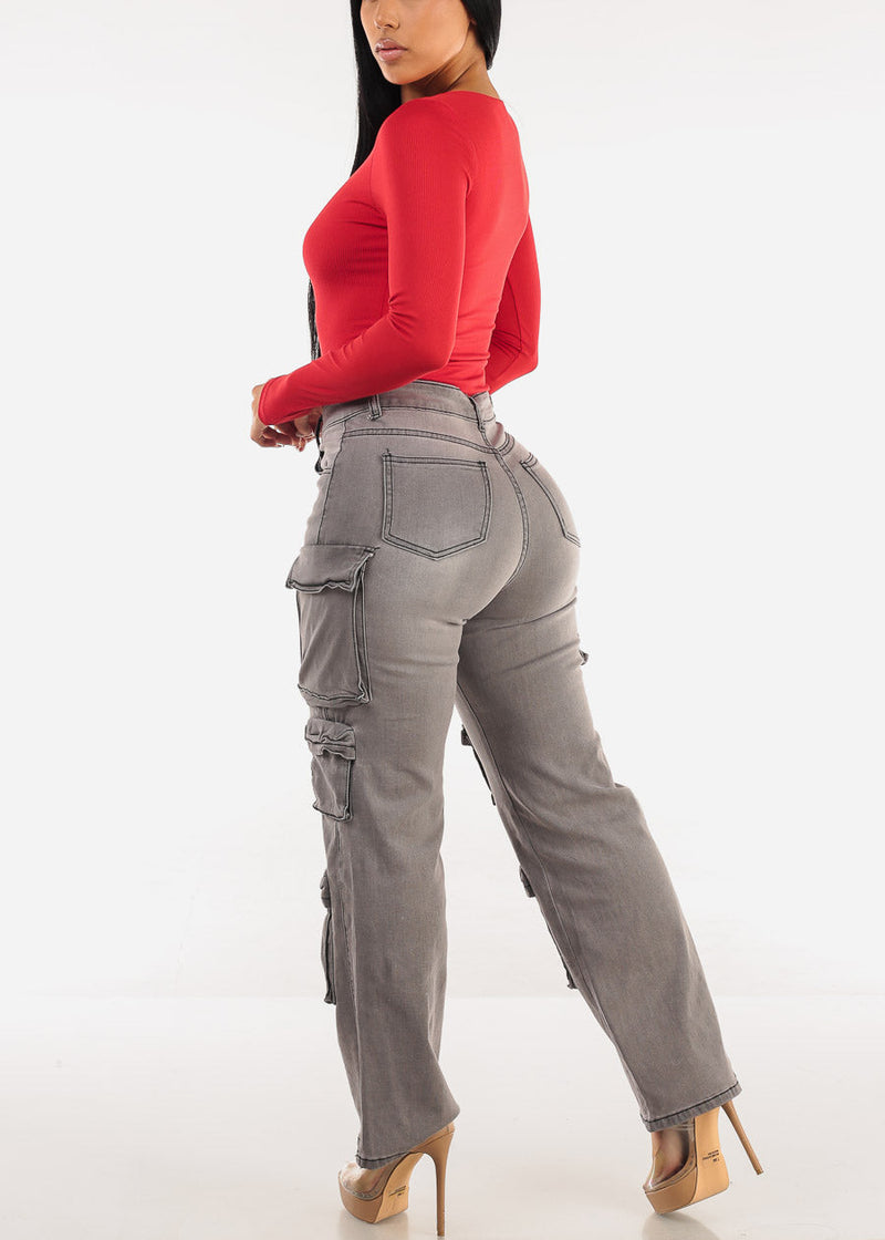 Super High Waist Straight Wide Leg Stretch Cargo Jeans Grey