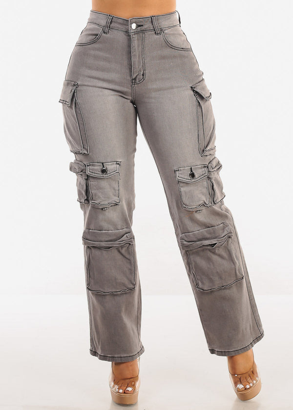 Super High Waist Straight Wide Leg Stretch Cargo Jeans Grey