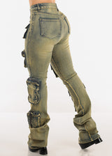 Stretchy High Waist Cargo Stacked Leg Jeans Vintage Wash