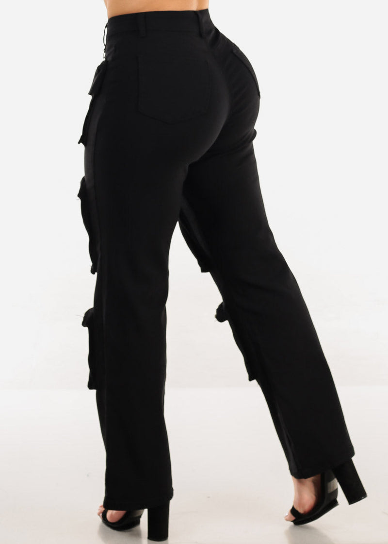 Hyper Stretch Straight Wide Leg Cargo Pants Black