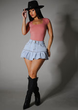 High Waist Pleated Stretch Denim Mini Skort Light Blue