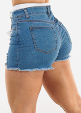 Double Waist Distressed Stretch Denim Shorts Med Blue