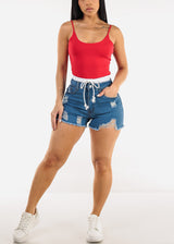 Double Waist Distressed Stretch Denim Shorts Med Blue