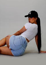High Double Waist Distressed Light Denim Shorts