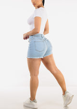 High Double Waist Distressed Light Denim Shorts