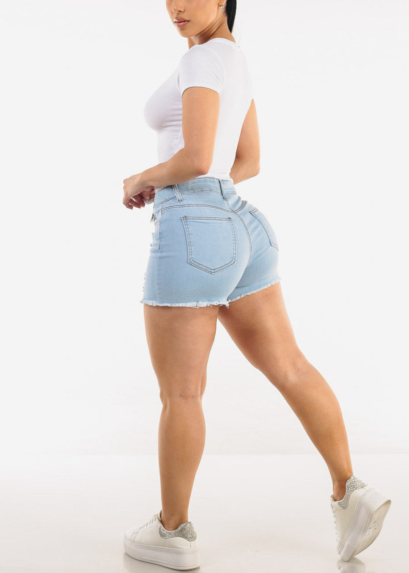 High Double Waist Distressed Light Denim Shorts