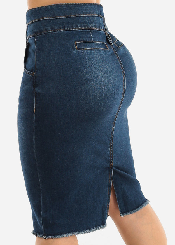 Dark High Waist Butt Lift Fringe Hem Pencil Skirt