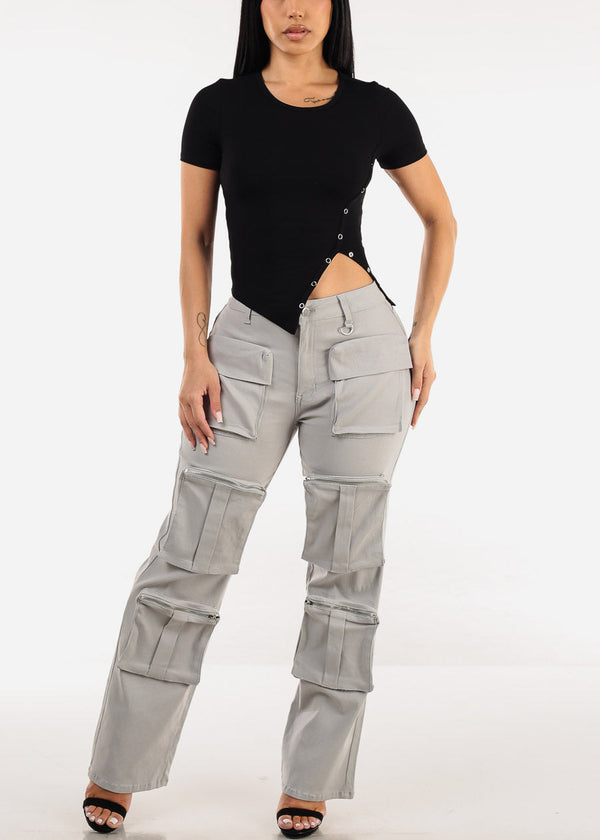Hyper Stretch Straight Wide Leg Cargo Pants Grey