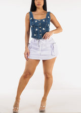 Embroidered Sleeveless Button Up Stretch Denim Top
