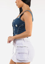Embroidered Sleeveless Button Up Stretch Denim Top