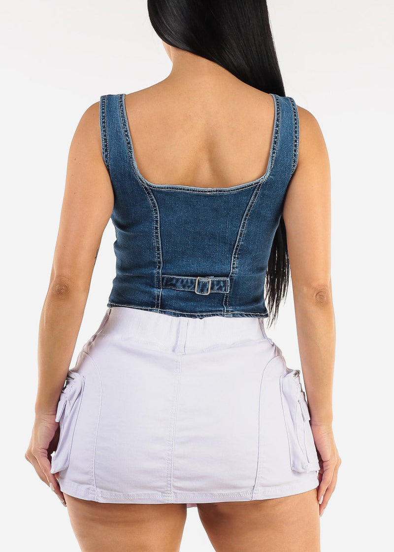 Embroidered Sleeveless Button Up Stretch Denim Top