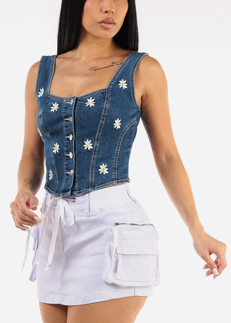 Embroidered Sleeveless Button Up Stretch Denim Top