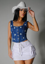 Embroidered Sleeveless Button Up Stretch Denim Top