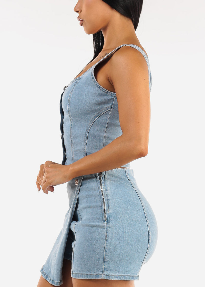 Sleeveless Button Up Stretchy Denim Top