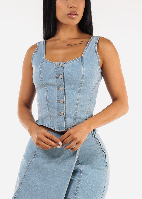 Sleeveless Button Up Stretchy Denim Top
