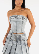 Stretch Strapless Denim Crop Top Acid Wash