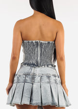 Stretch Strapless Denim Crop Top Acid Wash