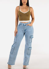 Butt Lift High Waist Straight Wide Leg Stretch Cargo Jeans Light Acid Wash