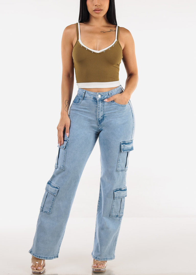 Butt Lift High Waist Straight Wide Leg Stretch Cargo Jeans Light Acid Wash