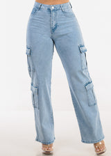 Butt Lift High Waist Straight Wide Leg Stretch Cargo Jeans Light Acid Wash