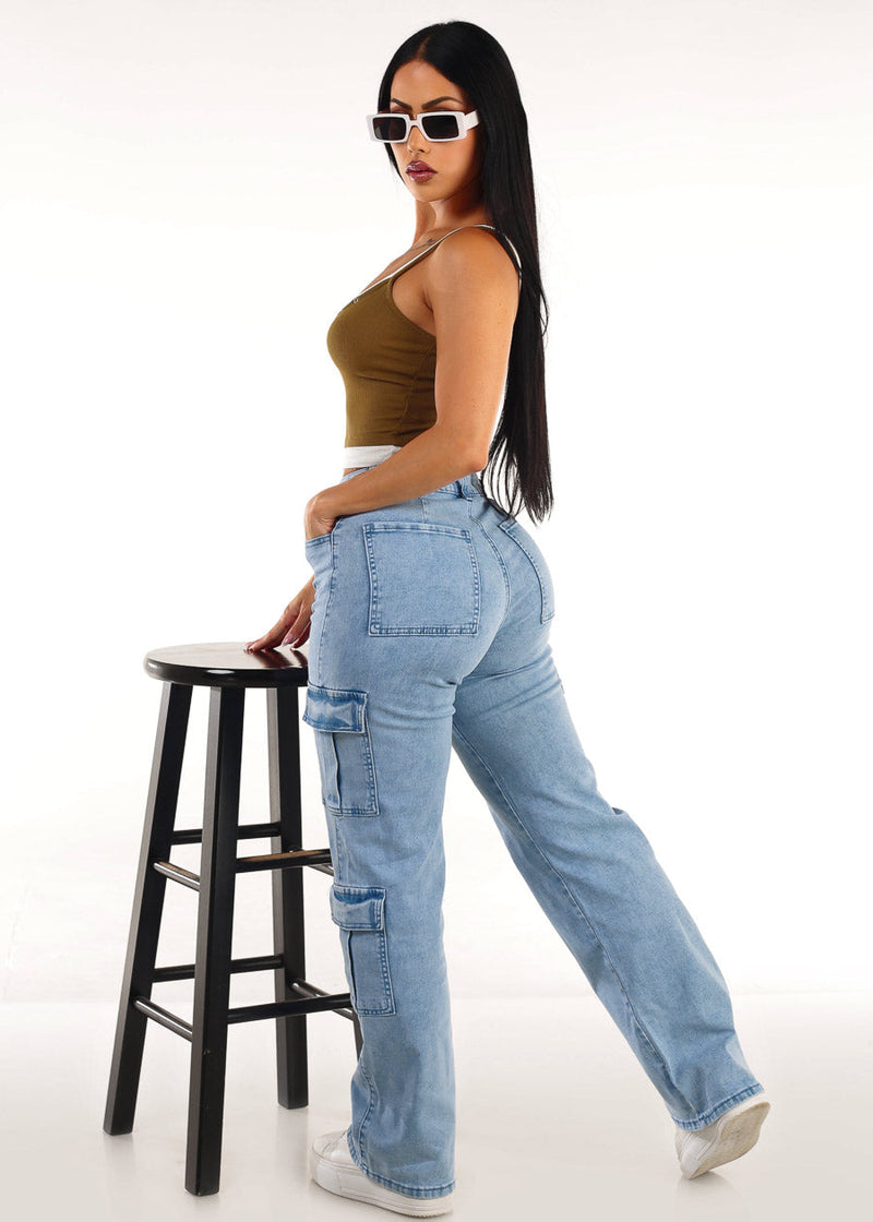 Butt Lift High Waist Straight Wide Leg Stretch Cargo Jeans Light Acid Wash