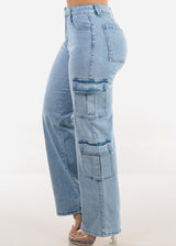 Butt Lift High Waist Straight Wide Leg Stretch Cargo Jeans Light Acid Wash