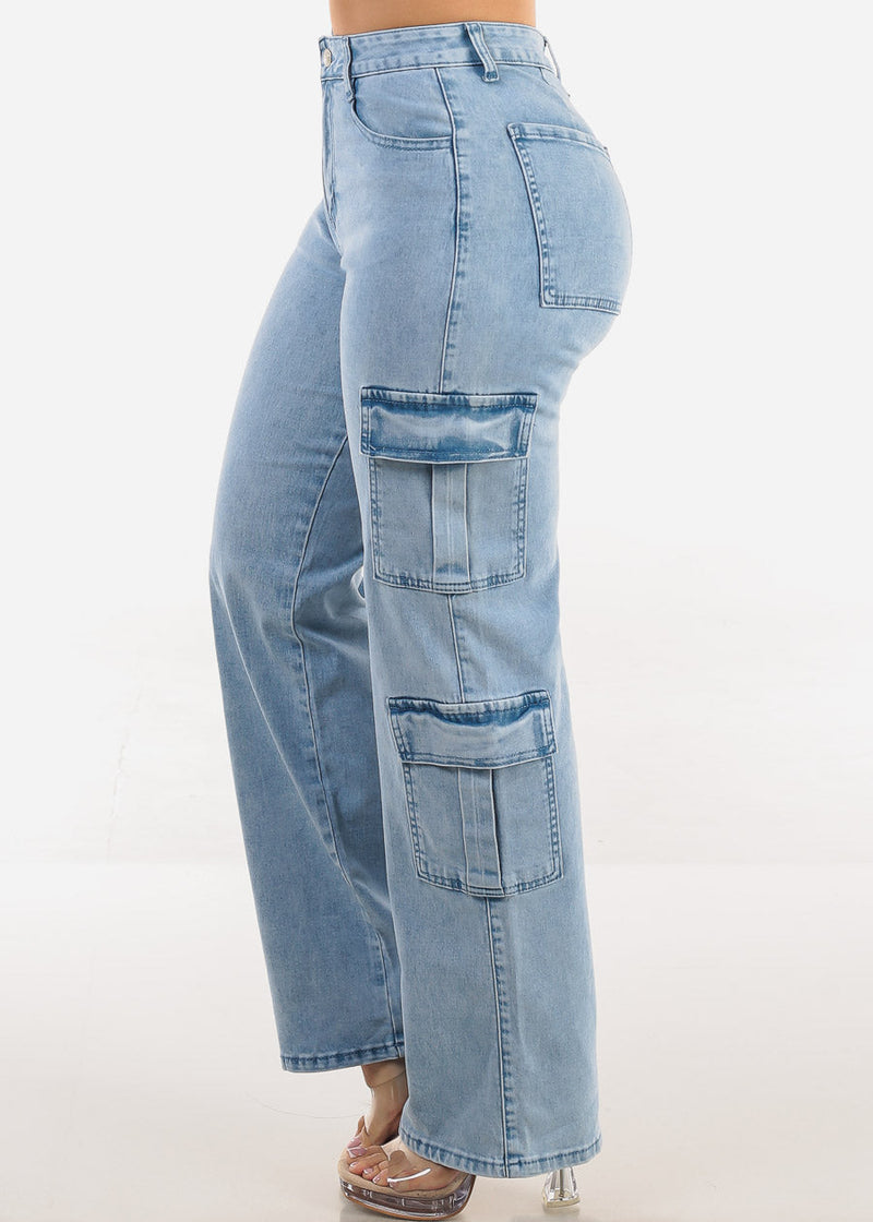Butt Lift High Waist Straight Wide Leg Stretch Cargo Jeans Light Acid Wash