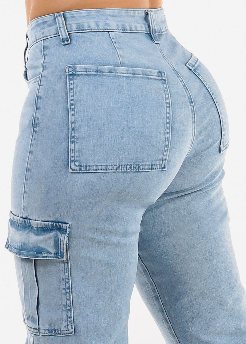 Butt Lift High Waist Straight Wide Leg Stretch Cargo Jeans Light Acid Wash