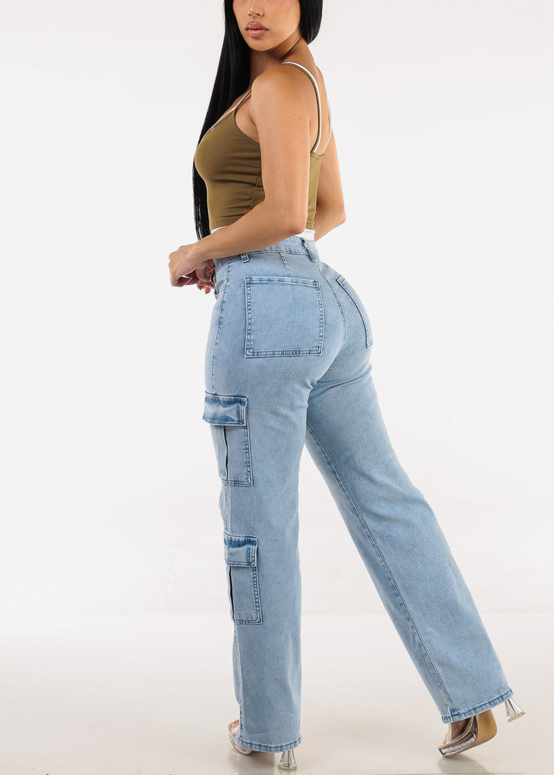 Butt Lift High Waist Straight Wide Leg Stretch Cargo Jeans Light Acid Wash