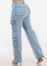 Butt Lift High Waist Straight Wide Leg Stretch Cargo Jeans Light Acid Wash