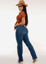 High Waist Straight Wide Leg Stretch Jeans Med Blue