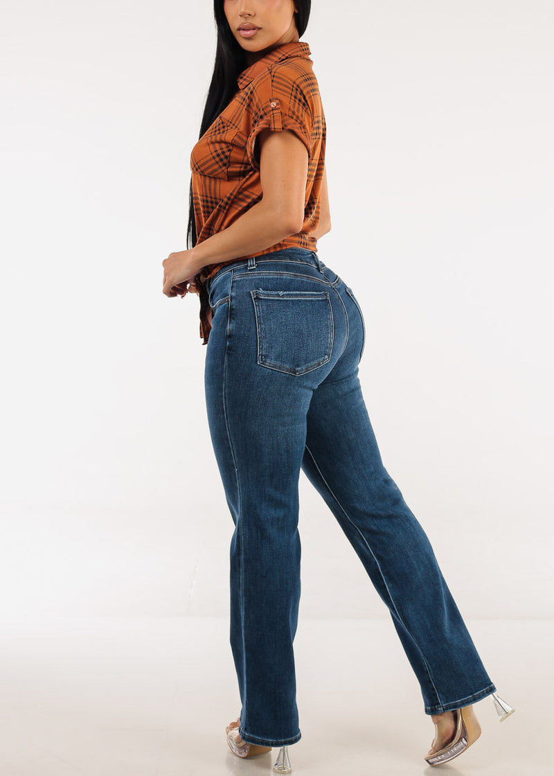 High Waist Straight Wide Leg Stretch Jeans Med Blue