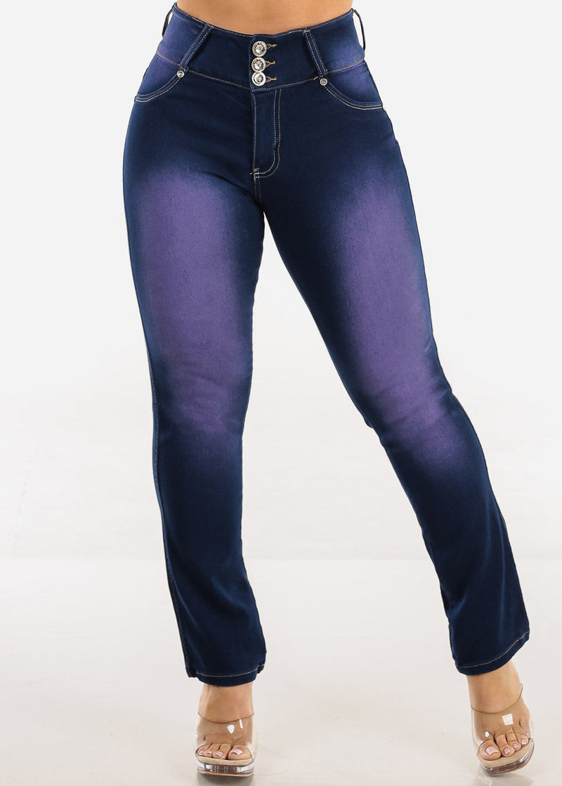 Butt Lift High Waist Stretch Straight Leg Jeans Purple Blue Wash
