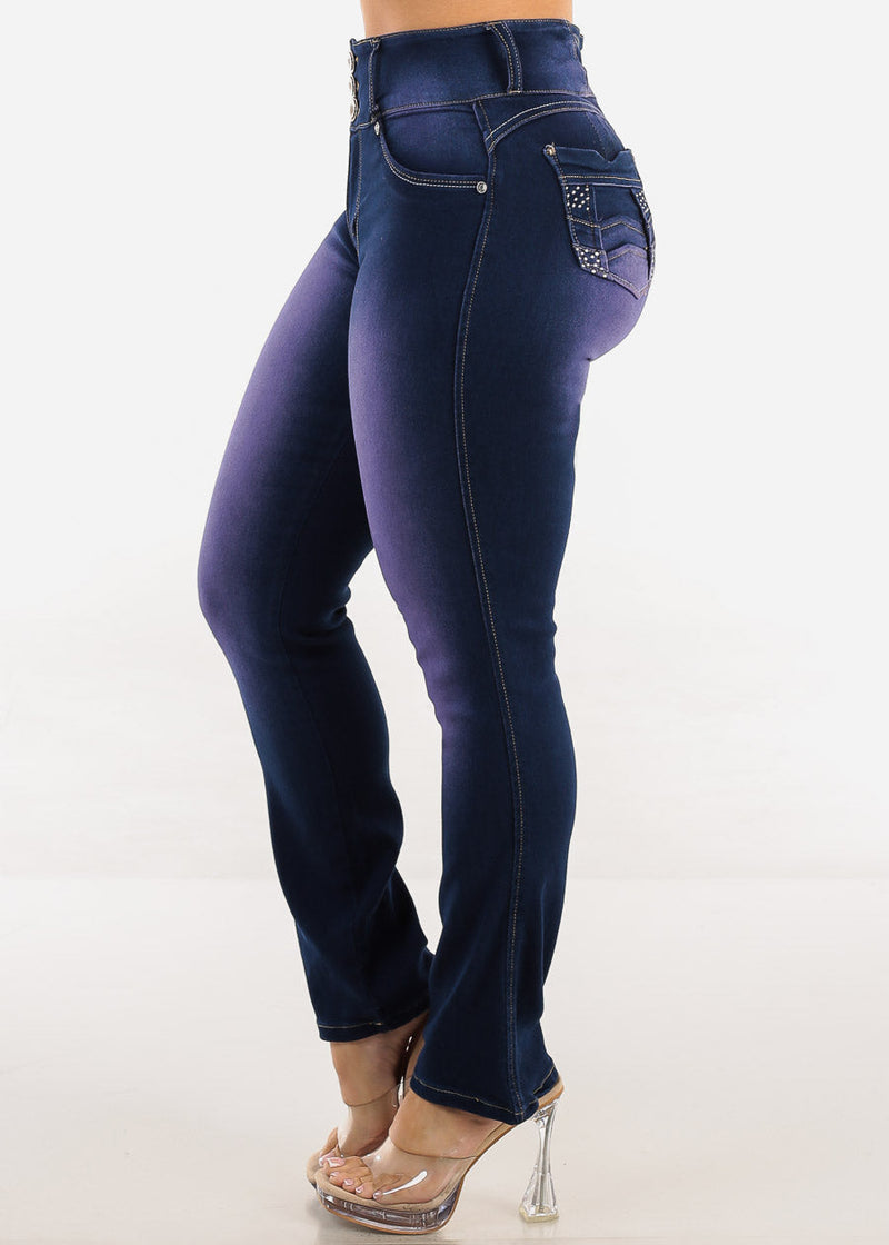 Butt Lift High Waist Stretch Straight Leg Jeans Purple Blue Wash
