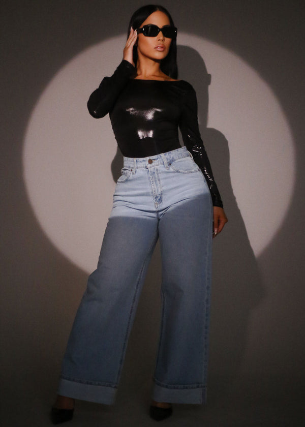 Super High Waist Cuffed Wide Leg Cotton Jeans Light Wash