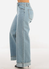 Super High Waist Cuffed Wide Leg Cotton Jeans Light Wash