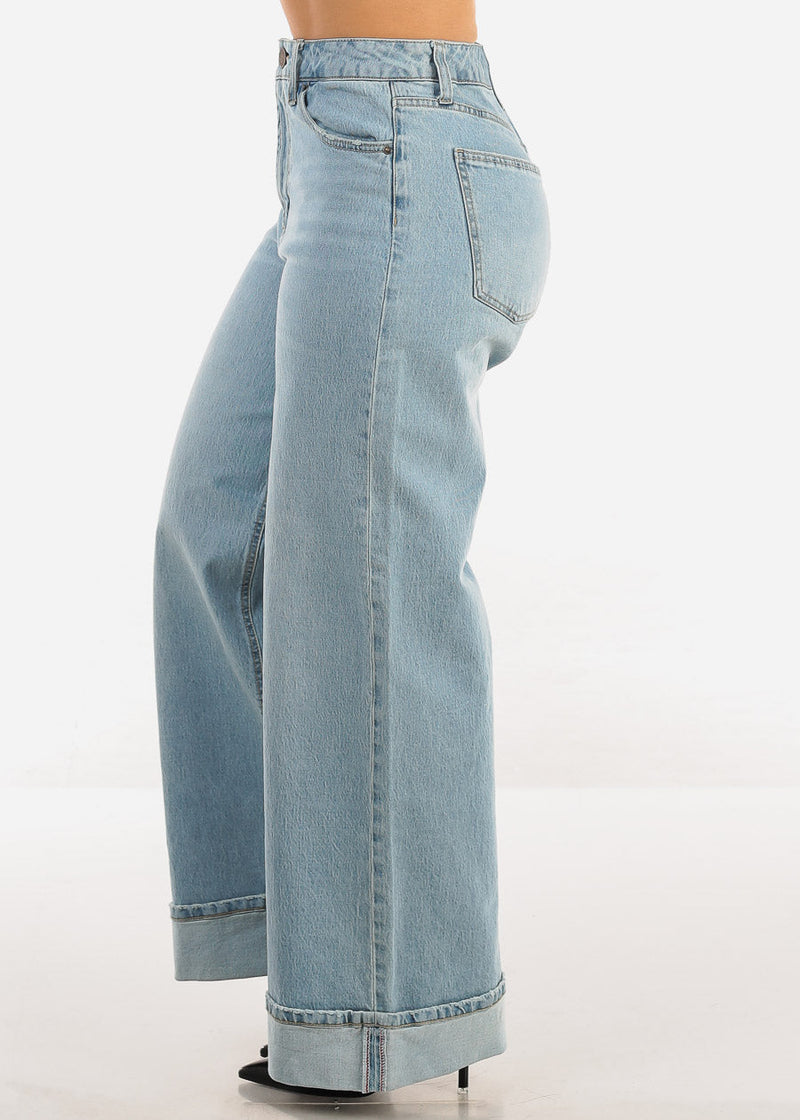 Super High Waist Cuffed Wide Leg Cotton Jeans Light Wash
