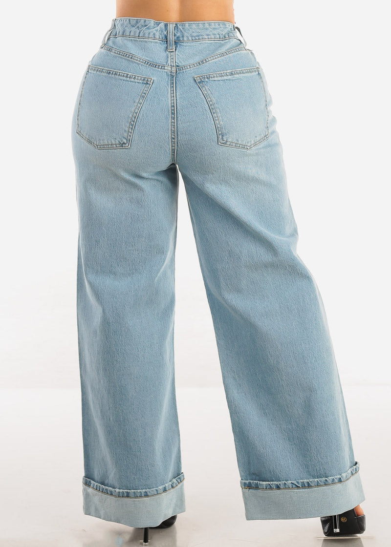 Super High Waist Cuffed Wide Leg Cotton Jeans Light Wash