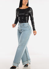 Super High Waist Cuffed Wide Leg Cotton Jeans Light Wash