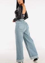 Super High Waist Cuffed Wide Leg Cotton Jeans Light Wash