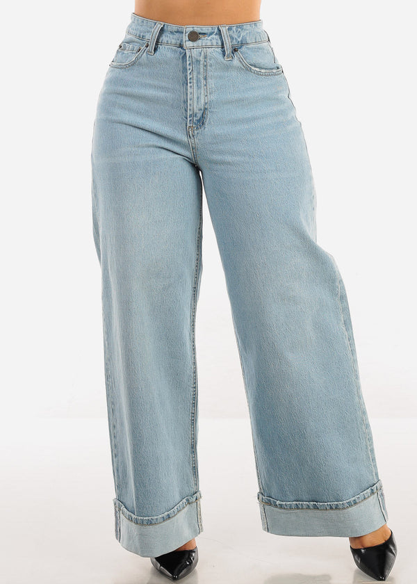 Super High Waist Cuffed Wide Leg Cotton Jeans Light Wash