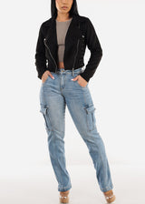 High Waist Stretch Straight Cargo Jeans Light Wash