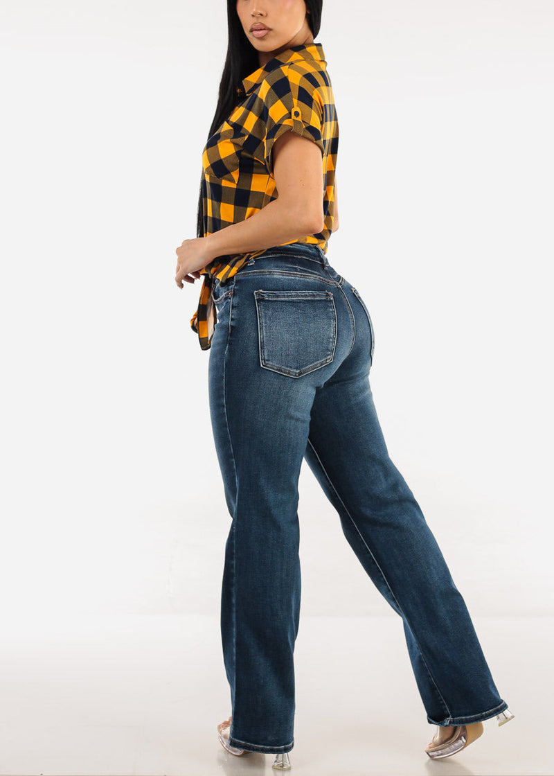 Stretchy High Waist Straight Wide Leg Jeans Dark Wash