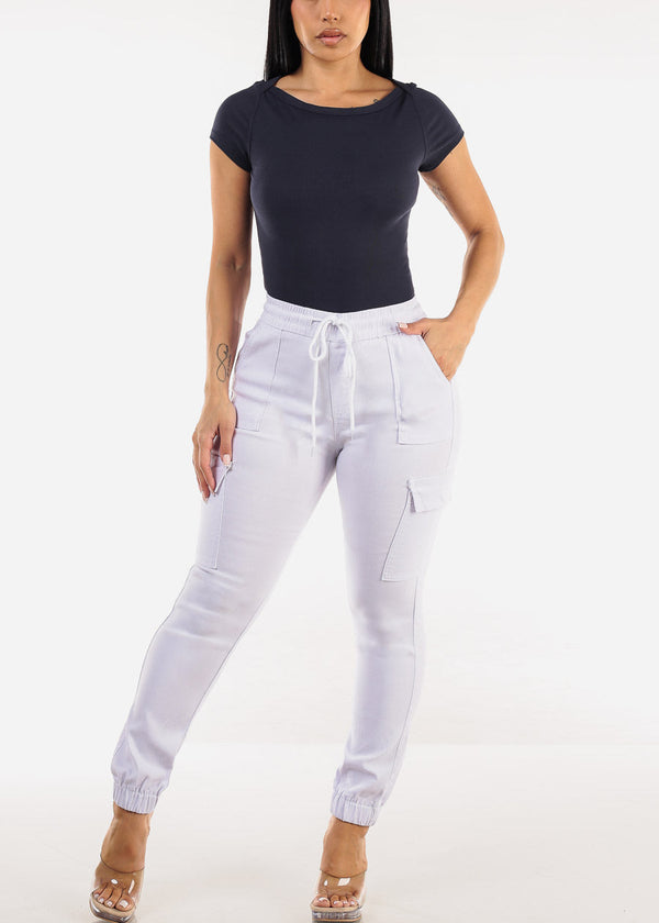 Hyper Stretch High Drawstring Waist Cargo Jogger Pants White