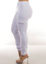Hyper Stretch High Drawstring Waist Cargo Jogger Pants White